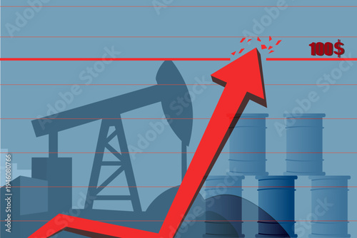 Oil Price Surge and Fuel Crisis. Vector illustration of rising oil prices with red arrow breaking the 100 dollar limit