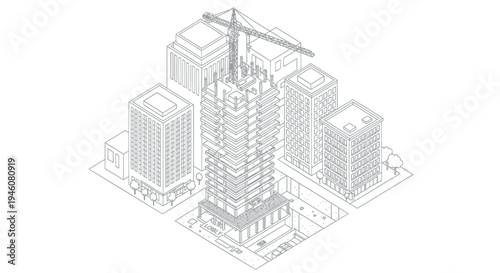 Vector illustration of a cityscape with skyscrapers and construction crane