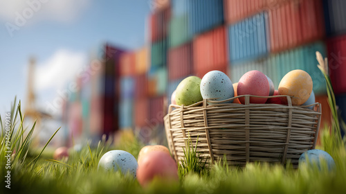 Easter basket with colorful eggs on spring grass at an industrial port, shipping containers behind, warm morning sunlight, bright seasonal logistics scene.