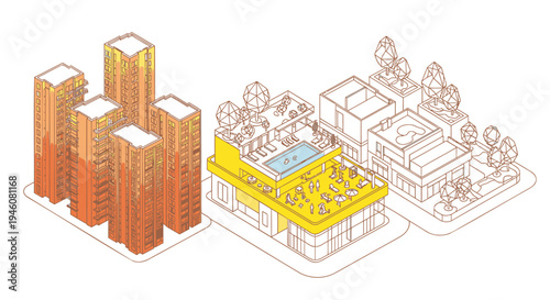 Set of 3 building icons vector, urban landscape illustration