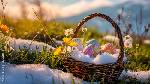 Basket full of Easter eggs and spring flowers on a meadow with the rests of the melting snow and grass growing and sun shining.