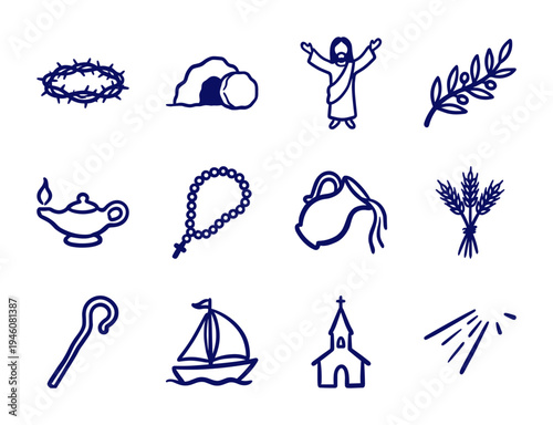 Hand-drawn Christian and Easter religious elements in a naive doodle style. Rustic marker sketch illustrations for church events and spiritual branding.