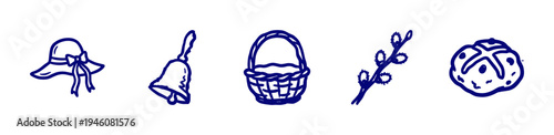 Easter holiday and spring celebration elements in rustic blue ink doodle style. Hand-drawn naive illustrations featuring basket, bell, sun hat, hot cross bun, and pussy willow.