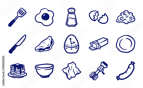 Hand-drawn breakfast cooking elements and kitchen utensils for culinary branding. Rustic naive marker sketch illustrations of eggs, pancakes and tools.