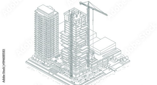 Vector illustration of city buildings with crane