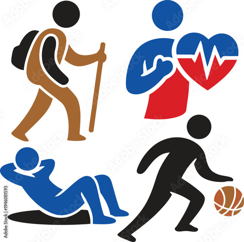 Sports and healthy lifestyle icon set including hiking adventure, heart health fitness, sit up exercise workout and basketball sport symbols. Perfect for gym training, outdoor adventure, sports clubs,