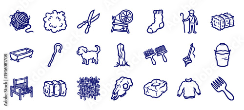 Hand-drawn wool production and sheep farming elements for rustic brand identity. Naive marker sketch illustrations featuring spinning wheel, shears, and textile craft concepts.