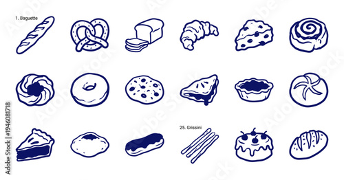 Hand-drawn bakery and pastry elements for rustic cafe branding. Naive marker sketch illustrations featuring bread, cakes, and dessert concepts.