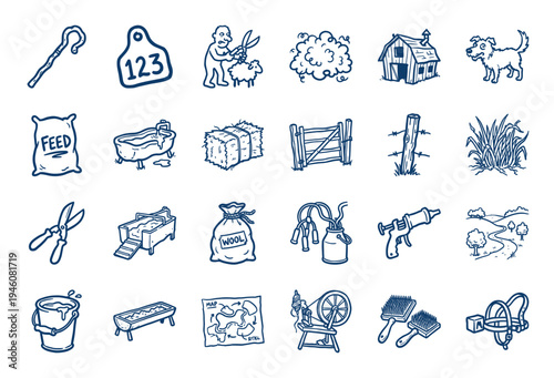 Hand-drawn sheep farming and wool production elements for rustic brand identity. Naive marker sketch illustrations of livestock care and shearing.