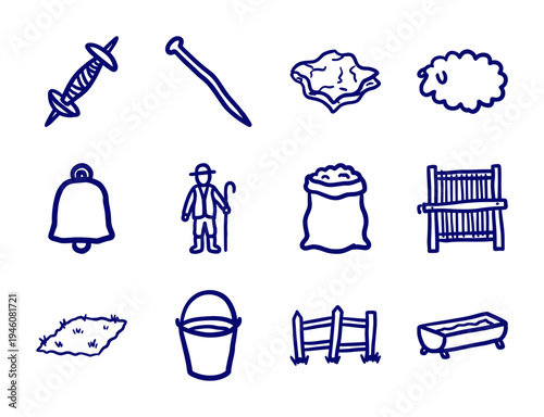 Hand-drawn sheep farming and wool production elements for rustic brand identity. Naive marker sketch illustrations featuring livestock husbandry concepts.