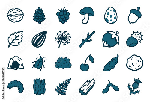 Hand-drawn forest and autumn nature elements for rustic branding. Naive marker sketch illustrations featuring woodland forage and organic botanical shapes.