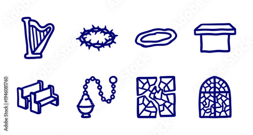 Hand-drawn religious and spiritual symbols for church branding. Rustic naive marker sketch illustrations featuring christianity and worship concepts.