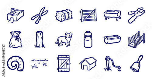 Hand-drawn rustic farming and livestock management elements for organic brand identity. Naive marker sketch illustrations featuring sheep herding and agriculture.