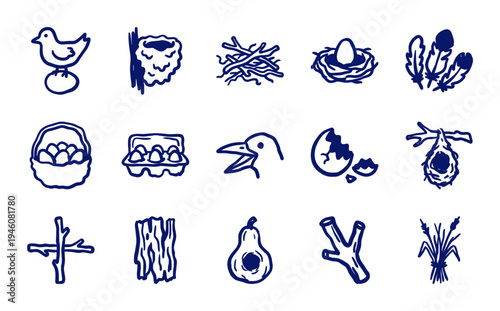 Rustic hand-drawn bird nesting and avian life elements for organic branding. Crude marker sketch illustrations featuring nests, eggs, and forest debris.