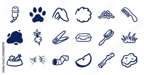 Hand-drawn small pet care and rabbit grooming elements for organic brand identity. Rustic naive marker sketch illustrations featuring bunny supply concepts.