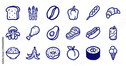 Hand-drawn food and snack elements for organic brand identity. Rustic, naive marker sketch illustrations featuring diverse culinary concepts.