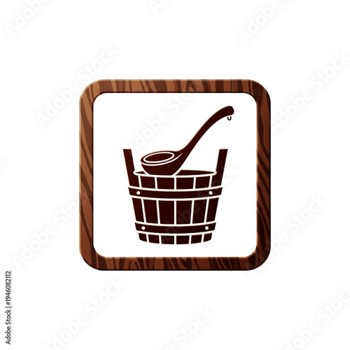 Wooden ladle resting inside a brown sauna bucket icon  