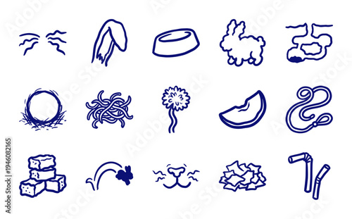 Hand-drawn rabbit care and bunny lifestyle elements for organic pet branding. Naive marker sketch illustrations featuring hay, carrots, and pet supplies.