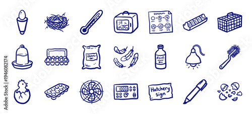 Hand-drawn poultry hatchery and egg incubation elements in a naive blue marker doodle style. Rustic agricultural farm equipment illustrations.