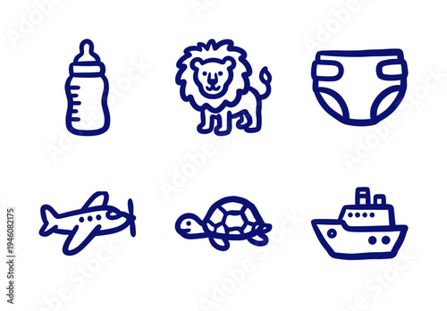 Hand-drawn baby and travel elements for whimsical branding. Rustic naive marker sketch illustrations featuring nursery and transport concepts.