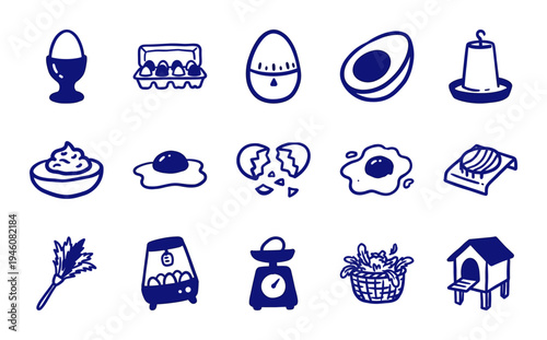 Hand-drawn poultry farming and egg production elements for rustic brand identity. Naive marker sketch illustrations of breakfast and hatchery concepts.