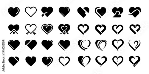 Modern red heart icon pack with unique geometric and stylized shapes, simple flat vector isolated on white background.