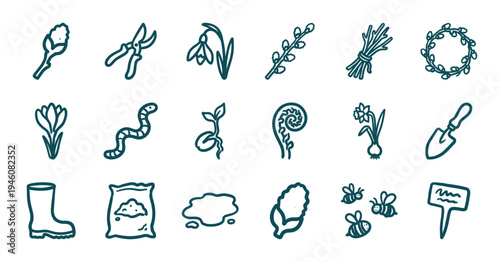 Hand-drawn spring gardening elements and botanical doodles for organic brand identity. Rustic, naive marker sketch illustrations of plants and tools.