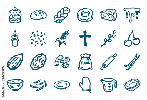 Hand-drawn Easter baking and religious tradition elements. Rustic, naive marker sketch illustrations featuring festive bread, candles, and flour.