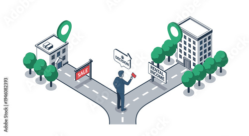 Vector illustration of businessman at crossroads with buildings and trees