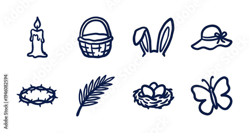 Hand-drawn Easter and religious symbols for organic holiday branding. Rustic naive marker sketch illustrations featuring spring and resurrection concepts.