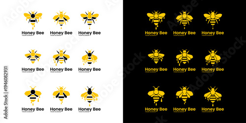 Modern insect logo set featuring honey bee symbols, minimal flat vector design isolated on light background.