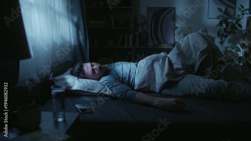 Side view of adult man lying in bed covering face with pillow desperately trying to fall asleep during night in bedroom