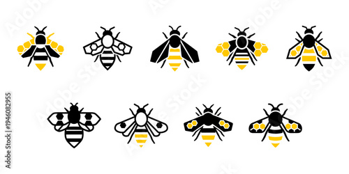 Modern insect logo set featuring honey bee symbols, minimal flat vector design isolated on light background.