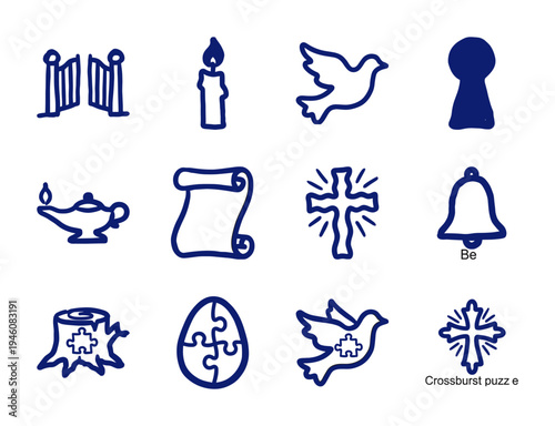 Hand-drawn spiritual and symbolic doodles in a naive marker sketch style. Rustic blue line illustrations featuring faith, peace, and puzzle motifs.