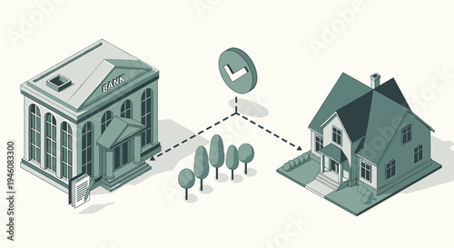 Isometric vector illustration of bank to house money transfer