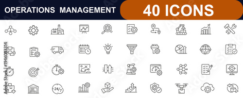 Operations management web icons in line style. Supply chain, workflow control, business process, maintenance, planning, efficiency, logistics set. Editable stroke. Vector illustration.