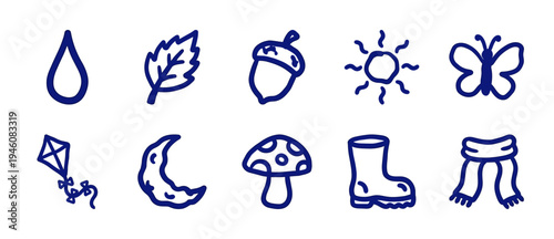 Hand-drawn nature and seasonal elements with a naive marker sketch aesthetic. Rustic, clumsy doodle illustrations of weather, forest life, and autumn clothing.