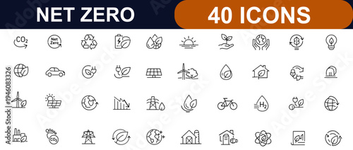 Net Zero web icons in line style. Climate action, carbon neutral, green energy, CO2 reduction, renewable power, eco technology, leaf, sun set. Editable stroke. Vector illustration.