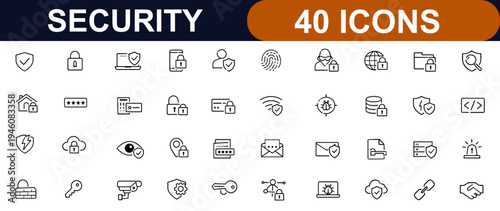 Security web icons in line style. Cyber protection, smart home safety, password access, data privacy, digital lock, shield defense, key control, eye verification set. Vector illustration.