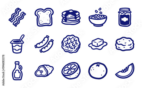 Hand-drawn breakfast food elements for rustic cafe branding. Clumsy marker sketch illustrations featuring eggs, bacon, pancakes, and fruit.