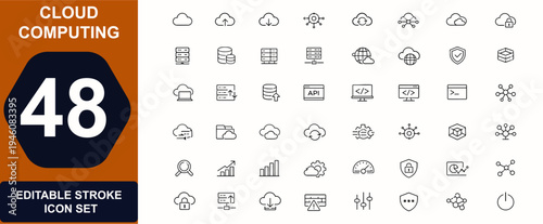 Cloud computing web icons in line style. Cloud services, data storage, network systems, database platform, server infrastructure set. Editable stroke. Vector illustration.