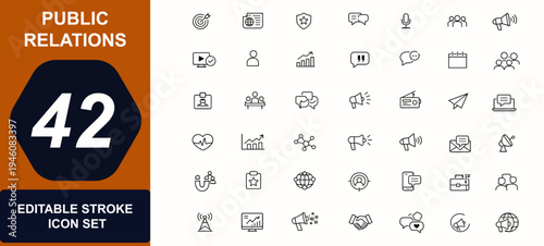 Public Relations web icons in line style. Media strategy, press news, brand reputation, interview, feedback, social planning, PR communication, megaphone, digital marketing set. Vector illustration.