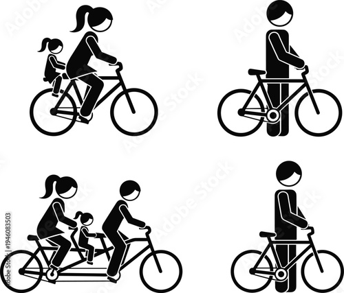 Family Cycling Pictogram Set Featuring Parents with Children on Tandem and Single Bicycles Plus Man Walking with Bike Silhouettes