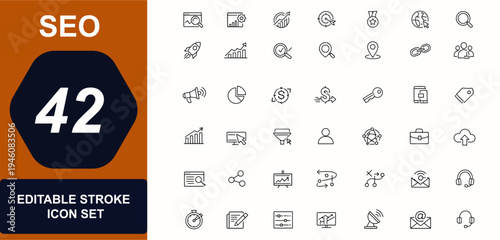 SEO web icons in line style. Website optimization, marketing analytics, traffic growth, search ranking, business targeting, contact symbols set. Editable stroke. Vector illustration.