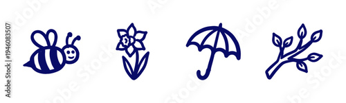 Hand-drawn spring nature and weather elements in a naive doodle style. Rustic navy blue marker sketch illustrations featuring bee, flower, branch, and umbrella.