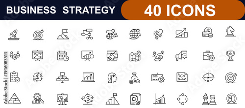 Business Strategy web icon in line style. Planning, growth, teamwork, management, target goals, payment process, roadmap, handshake, infographic set. Editable stroke. Vector illustration.