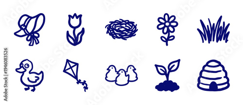 Hand-drawn spring nature and garden elements for organic branding. Rustic, naive marker sketch illustrations featuring birds, flowers, and seasonal growth.