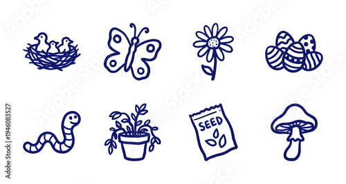 Hand-drawn spring nature and gardening elements for organic brand identity. Rustic, naive marker sketch illustrations featuring Easter eggs, birds, and plants.