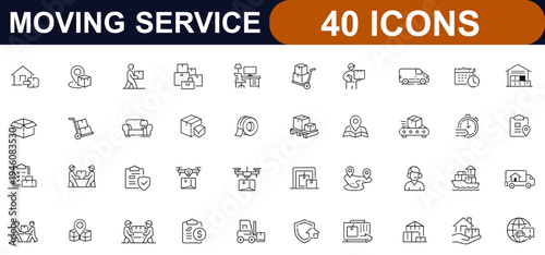 Moving Service web icons in line style. Relocation, packing boxes, office moving, courier delivery, movers, transport, logistics set. Editable stroke. Vector illustration.