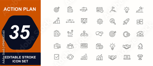 Action plan web icon set in line style. Strategy workflow, task planning, implementation roadmap, teamwork collaboration, checklist check. Editable stroke. Vector illustration.